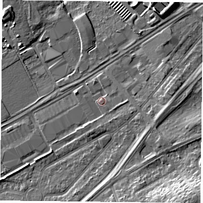 Shaded relief map of the ground around DN24PA, computed from Environment Agency LiDAR. The ground here sits at about 11 m above sea level and falls 16 m across the surrounding 800 m. Surface water reaching this point runs off ground lying to the south-south-west, 2.4 m higher.