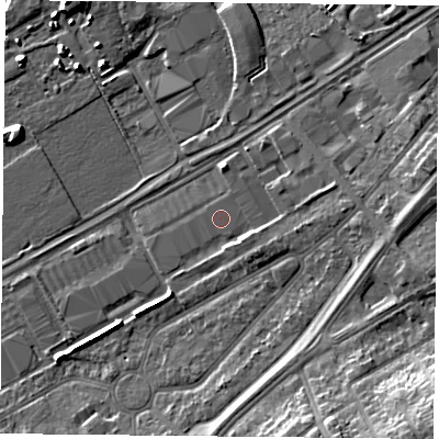 Shaded relief map of the ground around DN24PE, computed from Environment Agency LiDAR. The ground here sits at about 10 m above sea level and falls 14 m across the surrounding 800 m. The ground contributing surface water to this point lies to the south-south-east.