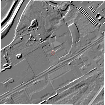Shaded relief map of the ground around DN24PG, computed from Environment Agency LiDAR. The ground here sits at about 9 m above sea level and falls 11 m across the surrounding 800 m. Surface water reaching this point runs off ground lying to the south-east, 4.2 m higher.