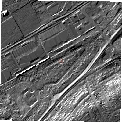Shaded relief map of the ground around DN24PU, computed from Environment Agency LiDAR. The ground here sits at about 10 m above sea level and falls 14 m across the surrounding 800 m. Surface water reaching this point runs off ground lying to the south-south-east, 12.2 m higher.