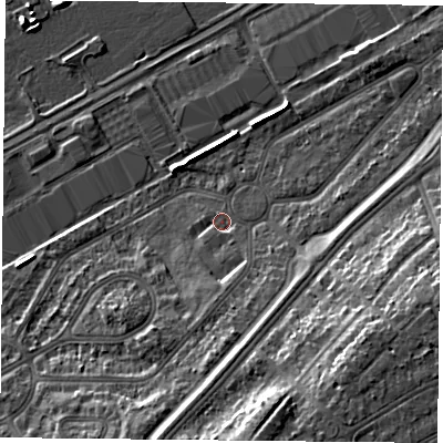 Shaded relief map of the ground around DN24PY, computed from Environment Agency LiDAR. The ground here sits at about 11 m above sea level and falls 14 m across the surrounding 800 m. Surface water reaching this point runs off ground lying to the south, 6.6 m higher.