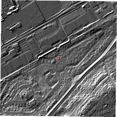 Shaded relief map of the ground around DN24QA, computed from Environment Agency LiDAR. The ground here sits at about 11 m above sea level and falls 14 m across the surrounding 800 m. Surface water reaching this point runs off ground lying to the south, 7.7 m higher.