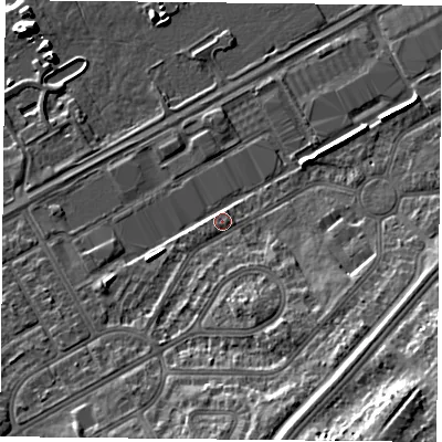 Shaded relief map of the ground around DN24QB, computed from Environment Agency LiDAR. The ground here sits at about 10 m above sea level and falls 17 m across the surrounding 800 m. Surface water reaching this point runs off ground lying to the west-south-west, 2.7 m higher.