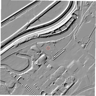 Shaded relief map of the ground around DN24QG, computed from Environment Agency LiDAR. The ground here sits at about 9 m above sea level and falls 12 m across the surrounding 800 m. Surface water reaching this point runs off ground lying to the west-north-west, 1.5 m higher.