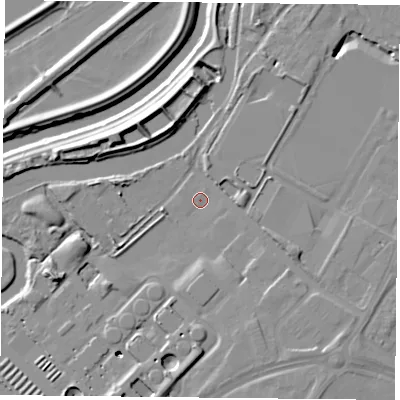 Shaded relief map of the ground around DN24QR, computed from Environment Agency LiDAR. The ground here sits at about 9 m above sea level and falls 12 m across the surrounding 800 m. Surface water reaching this point runs off ground lying to the east-south-east, 0.7 m higher.