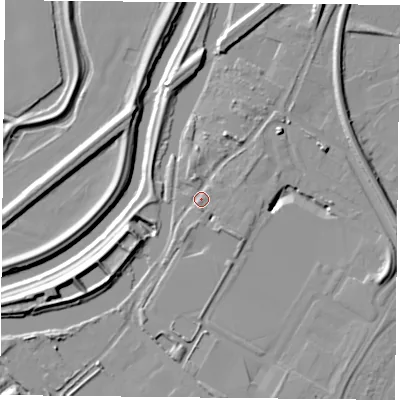 Shaded relief map of the ground around DN24QY, computed from Environment Agency LiDAR. The ground here sits at about 9 m above sea level and falls 12 m across the surrounding 800 m. Surface water reaching this point runs off ground lying to the south-east, 3.4 m higher.