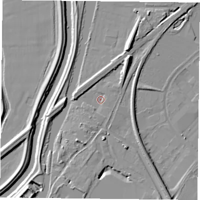 Shaded relief map of the ground around DN24RA, computed from Environment Agency LiDAR. The ground here sits at about 8 m above sea level and falls 13 m across the surrounding 800 m. Surface water reaching this point runs off ground lying to the south-south-west, 1.6 m higher.