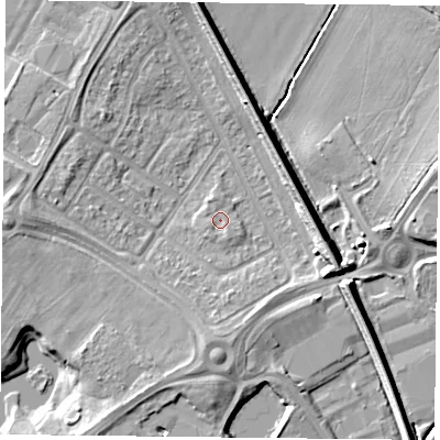 Shaded relief map of the ground around DN24RB, computed from Environment Agency LiDAR. The ground here sits at about 9 m above sea level and falls 9 m across the surrounding 800 m. Surface water reaching this point runs off ground lying to the east-south-east, 7.3 m higher.