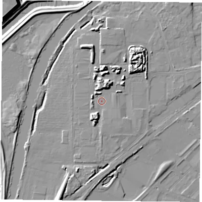 Shaded relief map of the ground around DN24RE, computed from Environment Agency LiDAR. The ground here sits at about 8 m above sea level and falls 15 m across the surrounding 800 m. Surface water reaching this point runs off ground lying to the north-north-east, 6.0 m higher.