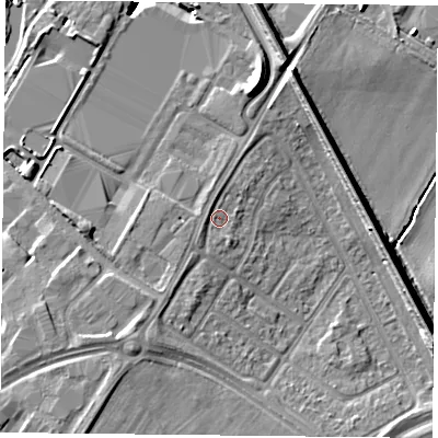 Shaded relief map of the ground around DN24RF, computed from Environment Agency LiDAR. The ground here sits at about 9 m above sea level and falls 11 m across the surrounding 800 m. Surface water reaching this point runs off ground lying to the south-west, 1.7 m higher.