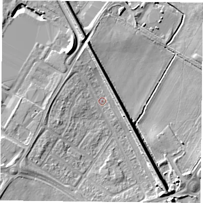 Shaded relief map of the ground around DN24RP, computed from Environment Agency LiDAR. The ground here sits at about 8 m above sea level and falls 11 m across the surrounding 800 m. Surface water reaching this point runs off ground lying to the south-east, 7.7 m higher.
