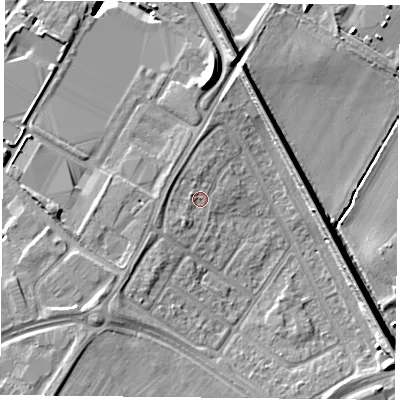 Shaded relief map of the ground around DN24RR, computed from Environment Agency LiDAR. The ground here sits at about 9 m above sea level and falls 11 m across the surrounding 800 m. Surface water reaching this point runs off ground lying to the south-east, 7.7 m higher.