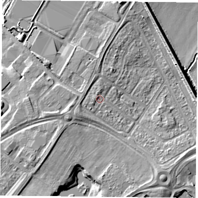Shaded relief map of the ground around DN24RS, computed from Environment Agency LiDAR. The ground here sits at about 10 m above sea level and falls 8 m across the surrounding 800 m. Surface water reaching this point runs off ground lying to the west-south-west, 1.4 m higher.