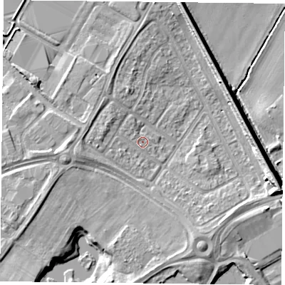 Shaded relief map of the ground around DN24RT, computed from Environment Agency LiDAR. The ground here sits at about 9 m above sea level and falls 9 m across the surrounding 800 m. Surface water reaching this point runs off ground lying to the east-south-east, 7.7 m higher.