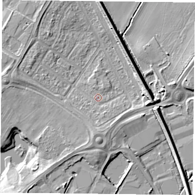 Shaded relief map of the ground around DN24RU, computed from Environment Agency LiDAR. The ground here sits at about 9 m above sea level and falls 9 m across the surrounding 800 m. Surface water reaching this point runs off ground lying to the south, 2.2 m higher.