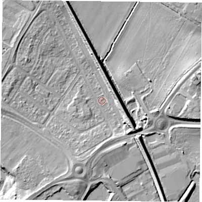 Shaded relief map of the ground around DN24RW, computed from Environment Agency LiDAR. The ground here sits at about 8 m above sea level and falls 9 m across the surrounding 800 m. Surface water reaching this point runs off ground lying to the south-east, 7.3 m higher.