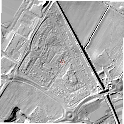 Shaded relief map of the ground around DN24RZ, computed from Environment Agency LiDAR. The ground here sits at about 8 m above sea level and falls 9 m across the surrounding 800 m. Surface water reaching this point runs off ground lying to the south-east, 7.7 m higher.