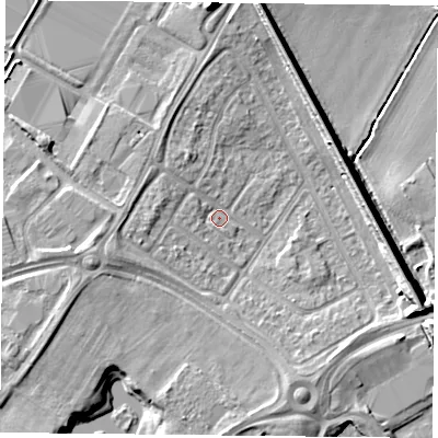 Shaded relief map of the ground around DN24SA, computed from Environment Agency LiDAR. The ground here sits at about 9 m above sea level and falls 9 m across the surrounding 800 m. Surface water reaching this point runs off ground lying to the east-south-east, 7.7 m higher.