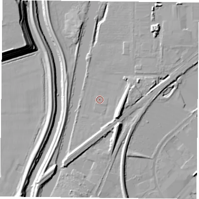 Shaded relief map of the ground around DN24SF, computed from Environment Agency LiDAR. The ground here sits at about 7 m above sea level and falls 19 m across the surrounding 800 m. Surface water reaching this point runs off ground lying to the south-east, 8.9 m higher.