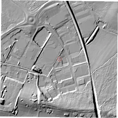 Shaded relief map of the ground around DN24SQ, computed from Environment Agency LiDAR. The ground here sits at about 11 m above sea level and falls 12 m across the surrounding 800 m. Surface water reaching this point runs off ground lying to the south-west, 10.8 m higher.