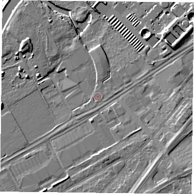 Shaded relief map of the ground around DN24SR, computed from Environment Agency LiDAR. The ground here sits at about 9 m above sea level and falls 12 m across the surrounding 800 m. Surface water reaching this point runs off ground lying to the east-north-east, 0.7 m higher.