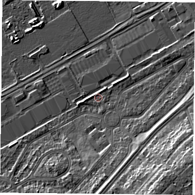 Shaded relief map of the ground around DN24SW, computed from Environment Agency LiDAR. The ground here sits at about 10 m above sea level and falls 14 m across the surrounding 800 m. Surface water reaching this point runs off ground lying to the west, 2.5 m higher.