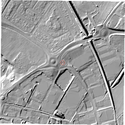 Shaded relief map of the ground around DN25DX, computed from Environment Agency LiDAR. The ground here sits at about 11 m above sea level and falls 9 m across the surrounding 800 m. Surface water reaching this point runs off ground lying to the west, 1.1 m higher.