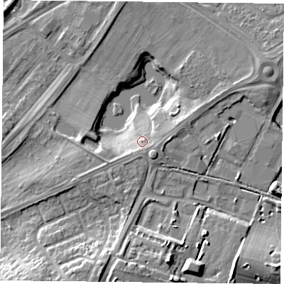 Shaded relief map of the ground around DN25DZ, computed from Environment Agency LiDAR. The ground here sits at about 13 m above sea level and falls 14 m across the surrounding 800 m. Surface water reaching this point runs off ground lying to the south-east, 2.8 m higher.