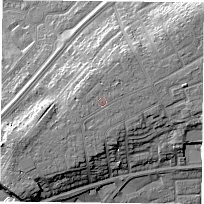 Shaded relief map of the ground around DN25PE, computed from Environment Agency LiDAR. The ground here sits at about 21 m above sea level and falls 14 m across the surrounding 800 m. Surface water reaching this point runs off ground lying to the west-south-west, 0.9 m higher.