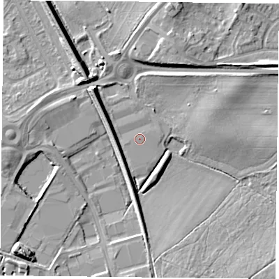 Shaded relief map of the ground around DN25PS, computed from Environment Agency LiDAR. The ground here sits at about 9 m above sea level and falls 9 m across the surrounding 800 m. Surface water reaching this point runs off ground lying to the west, 5.8 m higher.