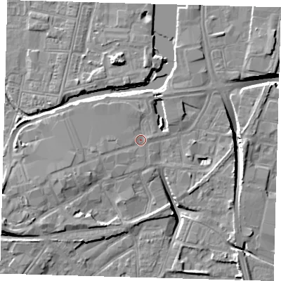 Shaded relief map of the ground around DN311AA, computed from Environment Agency LiDAR. The ground here sits at about 4 m above sea level and falls 12 m across the surrounding 800 m. Surface water reaching this point runs off ground lying to the west-south-west, 1.3 m higher.
