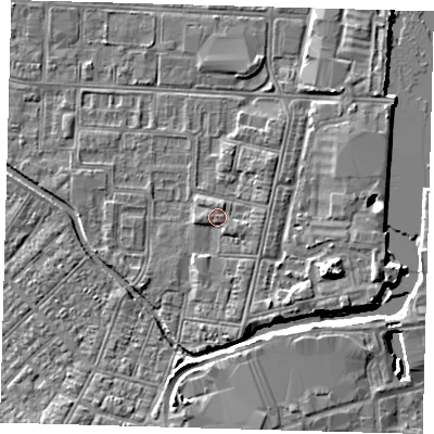 Shaded relief map of the ground around DN311AE, computed from Environment Agency LiDAR. The ground here sits at about 4 m above sea level and falls 6 m across the surrounding 800 m. Surface water reaching this point runs off ground lying to the south, 1.4 m higher.