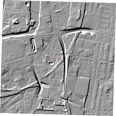 Shaded relief map of the ground around DN311AF, computed from Environment Agency LiDAR. The ground here sits at about 4 m above sea level and falls 10 m across the surrounding 800 m. Surface water reaching this point runs off ground lying to the south-east, 1.2 m higher.