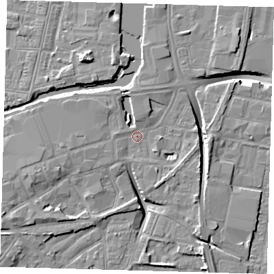 Shaded relief map of the ground around DN311BA, computed from Environment Agency LiDAR. The ground here sits at about 4 m above sea level and falls 10 m across the surrounding 800 m. Surface water reaching this point runs off ground lying to the west, 2.9 m higher.