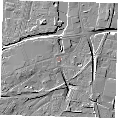 Shaded relief map of the ground around DN311BG, computed from Environment Agency LiDAR. The ground here sits at about 4 m above sea level and falls 10 m across the surrounding 800 m. Surface water reaching this point runs off ground lying to the south-south-west, 1.0 m higher.