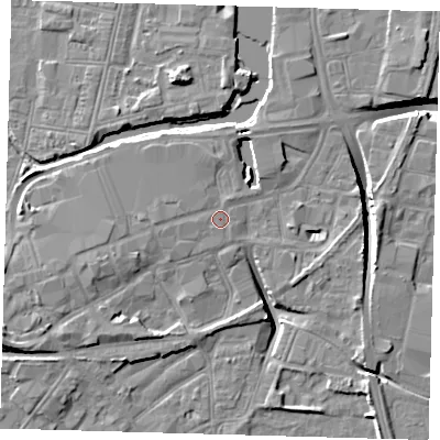 Shaded relief map of the ground around DN311BH, computed from Environment Agency LiDAR. The ground here sits at about 4 m above sea level and falls 12 m across the surrounding 800 m. Surface water reaching this point runs off ground lying to the west, 1.0 m higher.