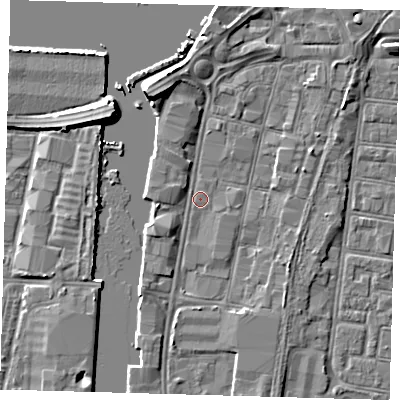 Shaded relief map of the ground around DN311BJ, computed from Environment Agency LiDAR. The ground here sits at about 3 m above sea level and falls 6 m across the surrounding 800 m. Surface water reaching this point runs off ground lying to the south-west, 1.8 m higher.