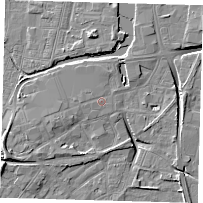 Shaded relief map of the ground around DN311BL, computed from Environment Agency LiDAR. The ground here sits at about 5 m above sea level and falls 13 m across the surrounding 800 m. Surface water reaching this point runs off ground lying to the west, 0.9 m higher.
