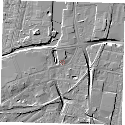 Shaded relief map of the ground around DN311DB, computed from Environment Agency LiDAR. The ground here sits at about 4 m above sea level and falls 10 m across the surrounding 800 m. Surface water reaching this point runs off ground lying to the west-south-west, 2.9 m higher.