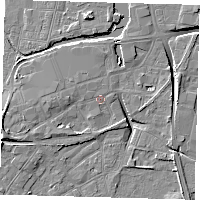 Shaded relief map of the ground around DN311EY, computed from Environment Agency LiDAR. The ground here sits at about 4 m above sea level and falls 13 m across the surrounding 800 m. Surface water reaching this point runs off ground lying to the north-west, 1.4 m higher.