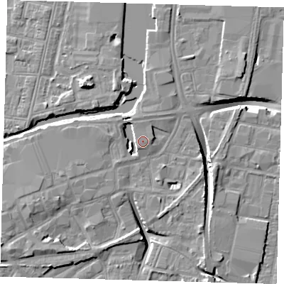 Shaded relief map of the ground around DN311FB, computed from Environment Agency LiDAR. The ground here sits at about 5 m above sea level and falls 10 m across the surrounding 800 m. Surface water reaching this point runs off ground lying to the west-south-west, 2.9 m higher.