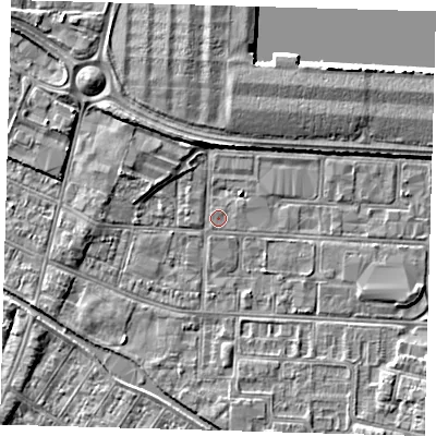 Shaded relief map of the ground around DN311FQ, computed from Environment Agency LiDAR. The ground here sits at about 3 m above sea level and falls 4 m across the surrounding 800 m. Surface water reaching this point runs off ground lying to the north, 3.1 m higher.