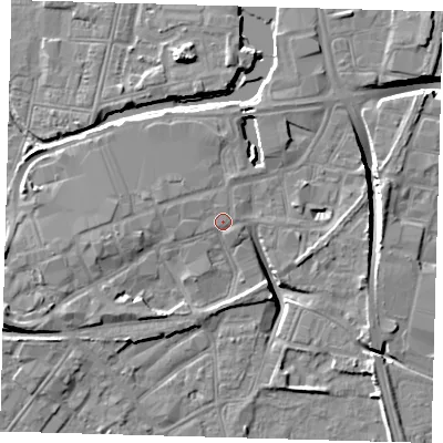 Shaded relief map of the ground around DN311HB, computed from Environment Agency LiDAR. The ground here sits at about 4 m above sea level and falls 12 m across the surrounding 800 m. Surface water reaching this point runs off ground lying to the west-north-west, 1.0 m higher.
