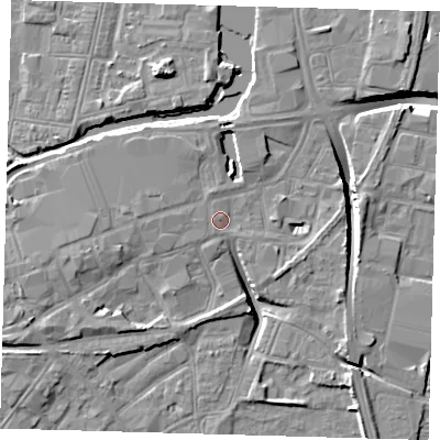 Shaded relief map of the ground around DN311HG, computed from Environment Agency LiDAR. The ground here sits at about 4 m above sea level and falls 10 m across the surrounding 800 m. Surface water reaching this point runs off ground lying to the west-south-west, 1.0 m higher.