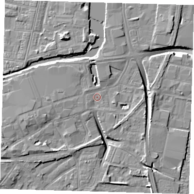 Shaded relief map of the ground around DN311HH, computed from Environment Agency LiDAR. The ground here sits at about 4 m above sea level and falls 10 m across the surrounding 800 m. Surface water reaching this point runs off ground lying to the south-west, 1.0 m higher.