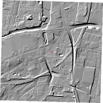 Shaded relief map of the ground around DN311HN, computed from Environment Agency LiDAR. The ground here sits at about 4 m above sea level and falls 10 m across the surrounding 800 m. Surface water reaching this point runs off ground lying to the east-south-east, 1.2 m higher.