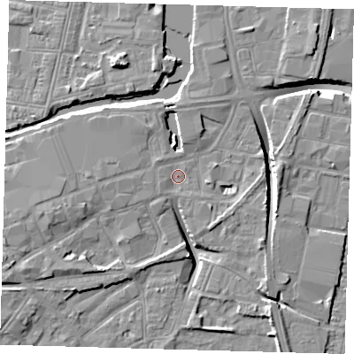 Shaded relief map of the ground around DN311HQ, computed from Environment Agency LiDAR. The ground here sits at about 4 m above sea level and falls 10 m across the surrounding 800 m. Surface water reaching this point runs off ground lying to the west-south-west, 1.0 m higher.