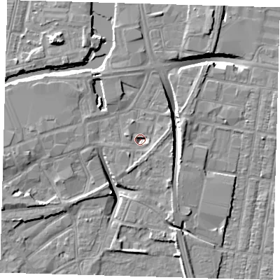 Shaded relief map of the ground around DN311HU, computed from Environment Agency LiDAR. The ground here sits at about 2 m above sea level and falls 10 m across the surrounding 800 m. Surface water reaching this point runs off ground lying to the south-south-east, 3.2 m higher.