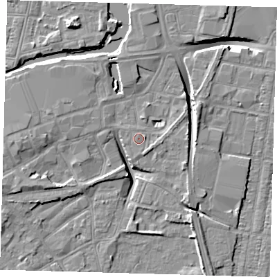Shaded relief map of the ground around DN311HX, computed from Environment Agency LiDAR. The ground here sits at about 4 m above sea level and falls 10 m across the surrounding 800 m. Surface water reaching this point runs off ground lying to the east, 1.2 m higher.