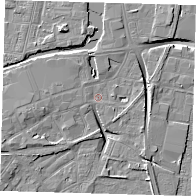 Shaded relief map of the ground around DN311HY, computed from Environment Agency LiDAR. The ground here sits at about 4 m above sea level and falls 10 m across the surrounding 800 m. Surface water reaching this point runs off ground lying to the west, 1.0 m higher.